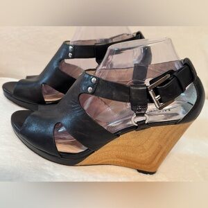 Michael Kors Women’s Briyette Wedge Black Leather Sandal Size 10M